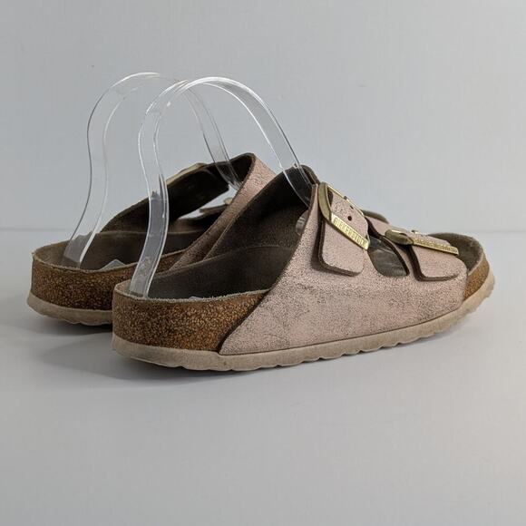 Birkenstock Sandals Arizona EU 40 Pink Gold Flat Slides Leather Open Toe Slip On - Picture 13 of 15